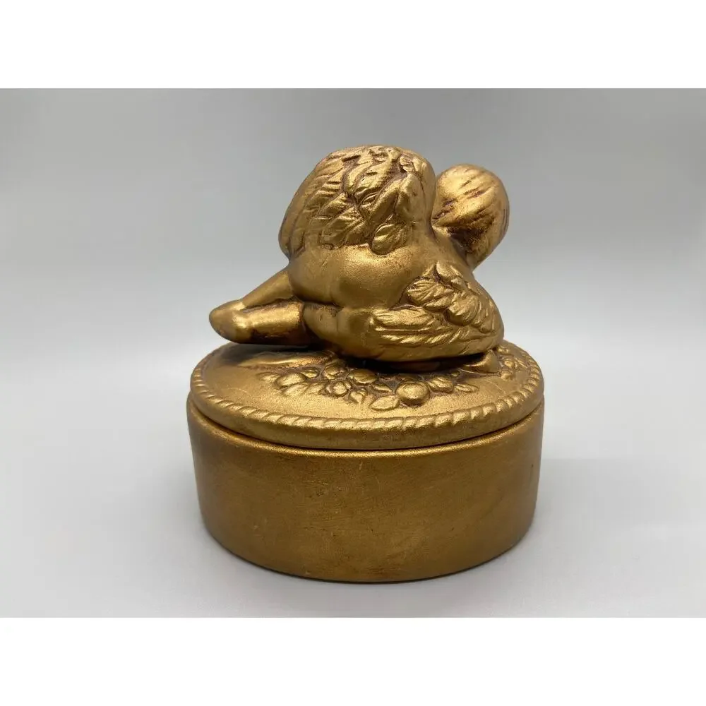 Vintage Ceramic Gold Toned Angel Cherub Trinket Box Jewelry Box Valentines Day